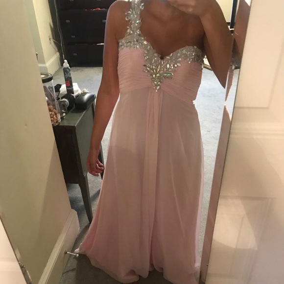 Long one headed shoulder pink prom dress - Picture 3 of 6